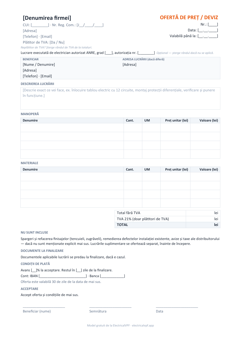 Previzualizarea modelului gratuit de deviz: datele firmei, beneficiarul, descrierea lucrării, tabelele de manoperă și materiale, TVA, totaluri, condiții și semnătură.